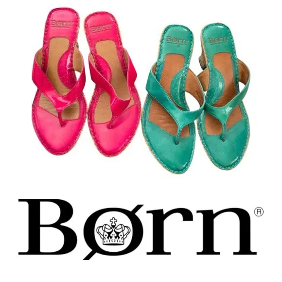 2 Pairs of Born Hot Pink & Teal Turquoise Leather Cork Wedge Sandal Shoes - Picture 5 of 5
